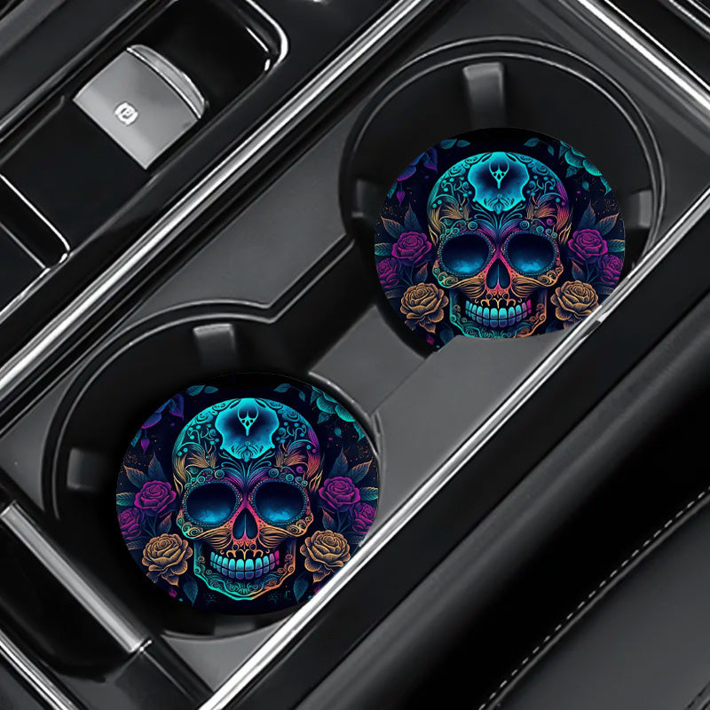 2pcs Skull & Roses Car Cup Holder Coasters - Anti-Slip, Shockproof EVA Design, Vibrant Purple & Coffee Roses with Blue Skull Pattern - Fit for Halloween or Everyday Style, Skull Car Accessories
