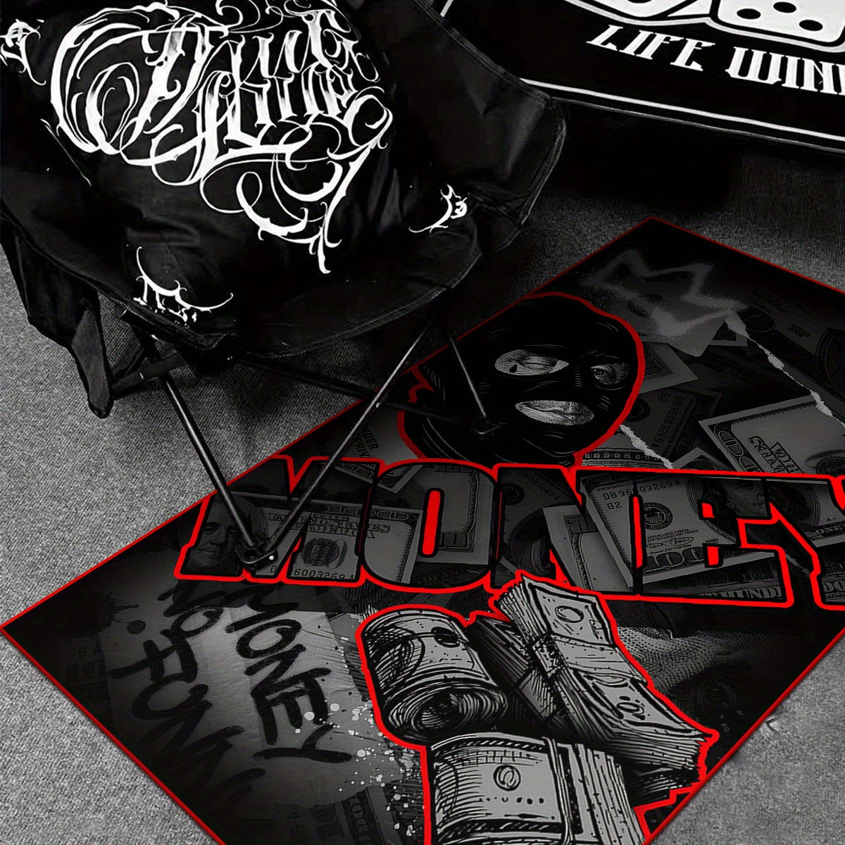 Gangster Dollar Design Area Rug, 1pc, Non-slip, Wear-resistant, Easy to Care, Lint-free, Polyester 100%, Hand Wash Only, Hip Hop Street Trend Style for Living Room Bedroom Decor