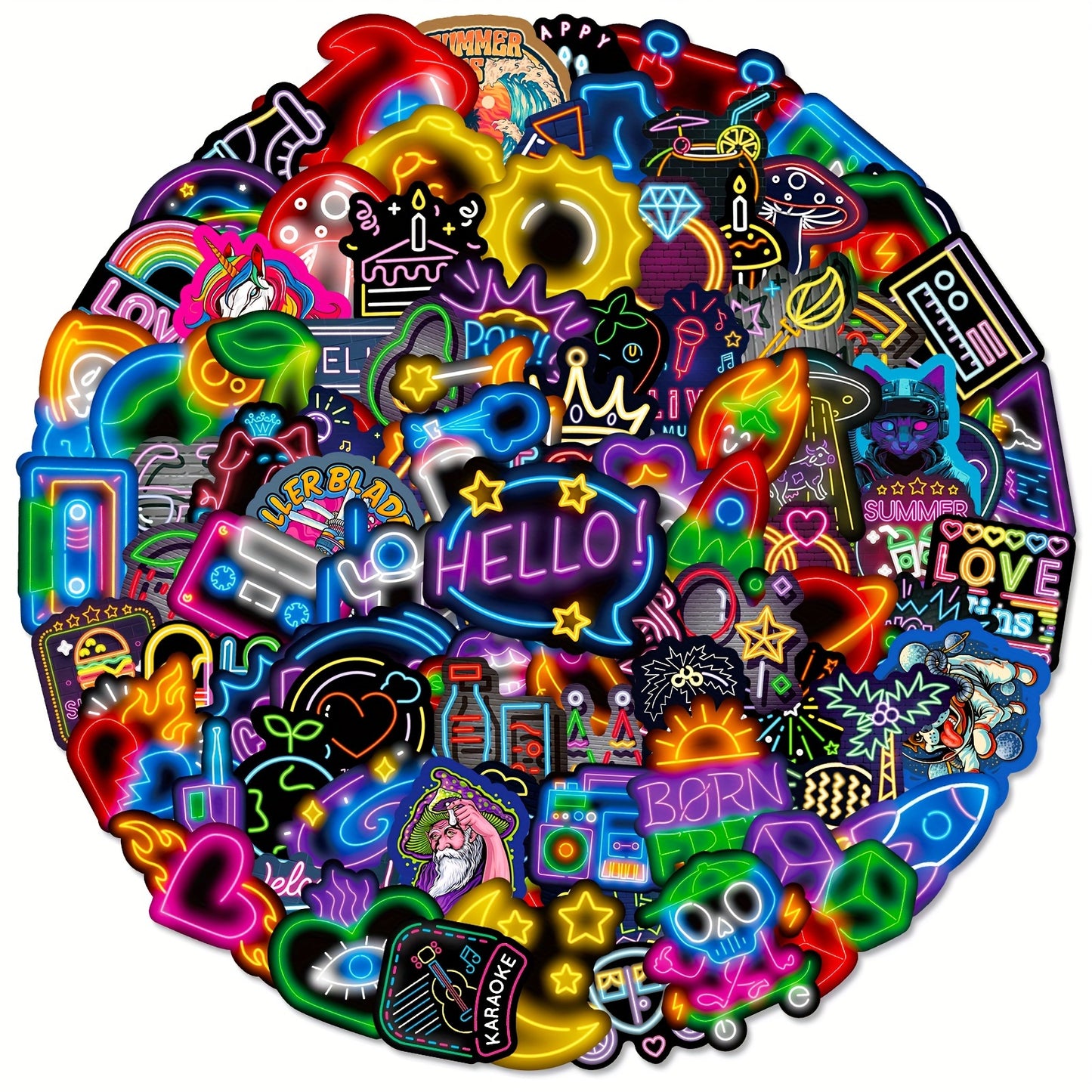 100-Pack Neon Cartoon Stickers, Polypropylene, Self-Adhesive, Reusable, Irregular Shape, Cool Graffiti Decals, Fluorescence Style DIY Decoration, for Plastic Surfaces, Suitable for Ages 14+