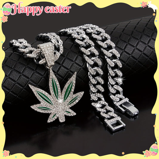 Classic Retro Green Leaf Pendant, Cuban Necklace For Hip-hop Men