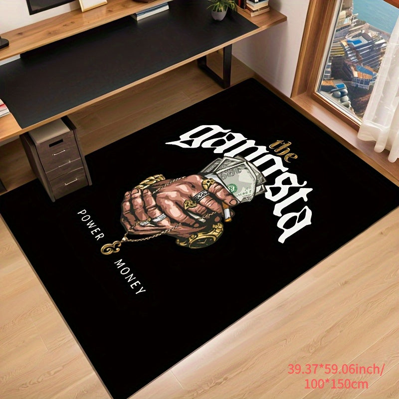 Gansta Power Money Mat - Black Area Mat with Bold Money and Jewelry Design, Machine Washable Polyester Fiber, Ideal for Living Room, Bedroom, Kitchen, Bathroom, Entryway, Multi-Purpose Decorative Mat|Luxurious Home Decor|Mach