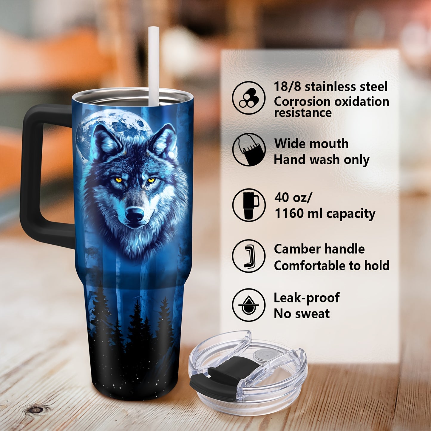 40oz Wolf-Themed Stainless Steel Tumbler - Double Wall Insulated Travel Mug for Coffee & Water, Perfect Gift for Wolf Enthusiasts, Men & Women - Ideal for Car, Outdoor Use, Christmas & Thanksgiving