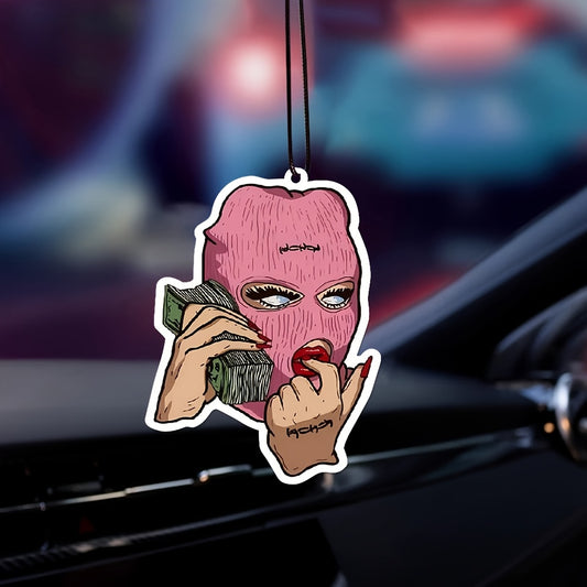 Pink Balaclava Mask Car Air Freshener Pendant with Money & Phone Design - Light Fragrance Paper Scent, All-Season Hanging Decor for All Vehicles, Unique Car Owner Gift, Car Decoration, Playful Design, Crafted Accessory, Vehic