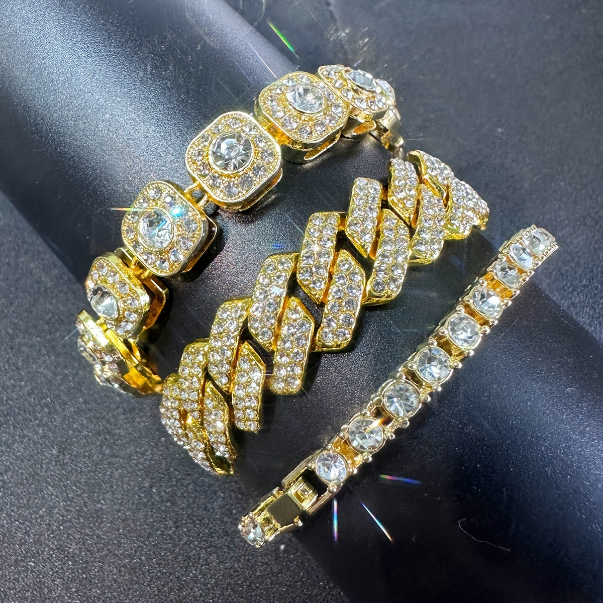 3pcs Fashion Bling Rhinestone Cuban Chain Bracelet For Women Men, Hip Hop Iced Out Thick Link Chain Bracelet Jewelry