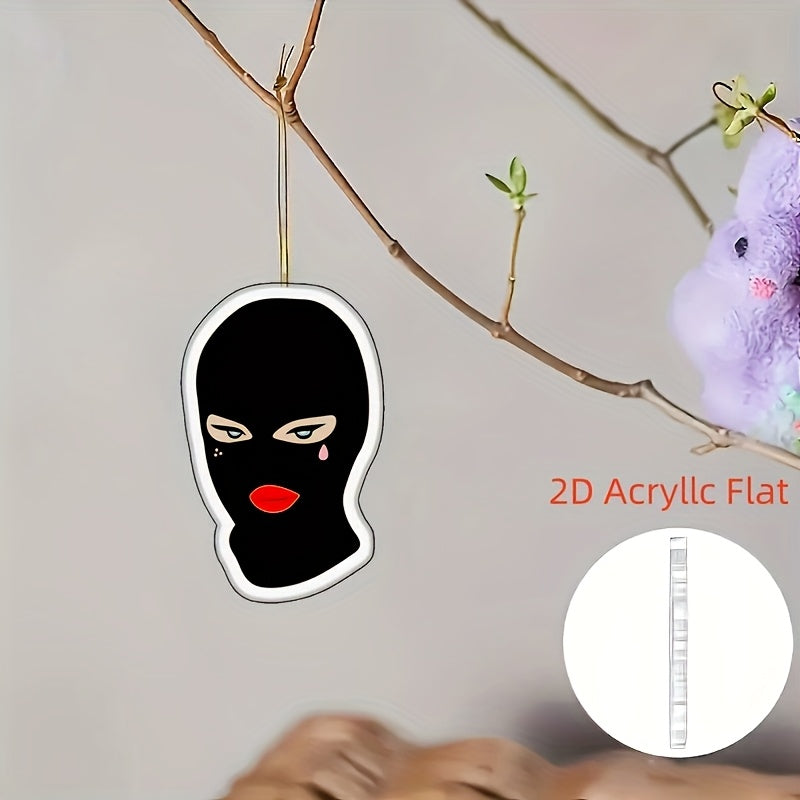 2D Flat, Stylish Acrylic Car Mirror Pendant & Keychain - 2D Flat Design with Red Lips & Black Mask, Durable Car Accessory for Home & Holiday Decor, Car Mirror Pendant, Holiday Decoration, Bold Design, 2D Flat