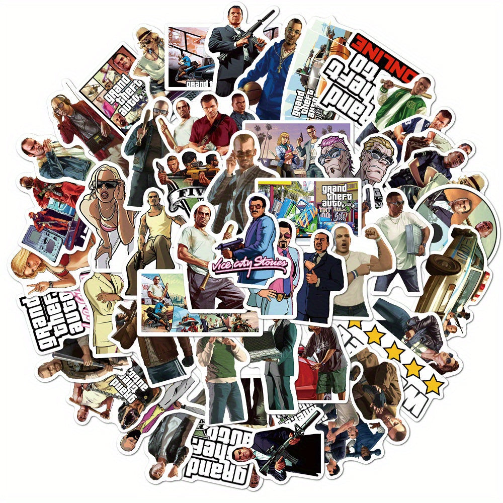 50pcs Grand Theft Auto Online Vinyl Stickers - Reusable, Vibrant Action Game Characters Decals for Water Bottles, Phone Cases, Refrigerators, Suitcases, and Computers