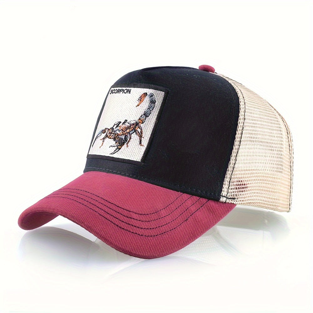 1pc Scorpion Embroidered Trucker Hat - Breathable Mesh Baseball Cap with Adjustable Strap, Gray Casual Sunshade for Men, Breathable Cap | Casual Style Hat | Mesh Back Hat