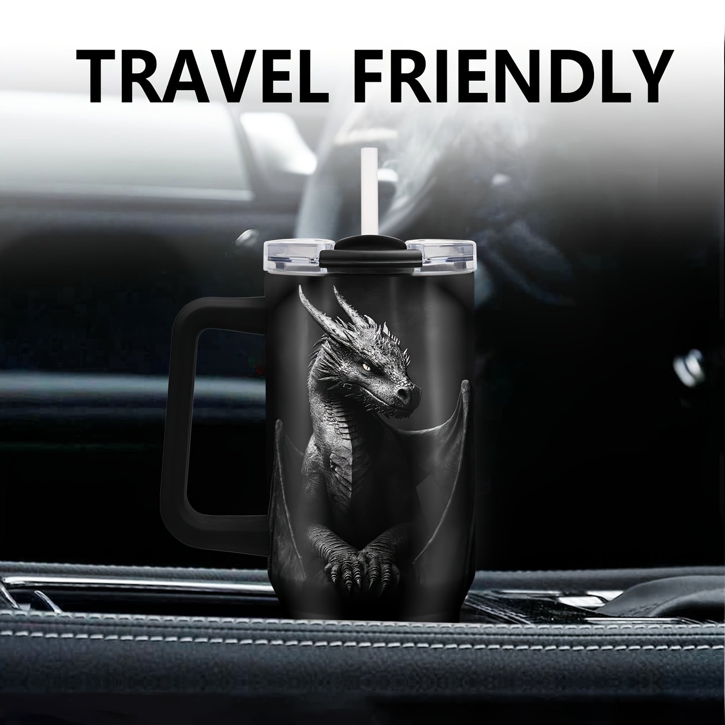 40oz Stainless Steel Dragon Tumbler with Lid,Insulated Travel Mug for Hot and Cold Beverages,Durable Handle,Ideal Gift for Dragon Enthusiasts,Coffee Lovers,Car Cup Holder Compatible,Perfect birthday gift for Men Women,Christm
