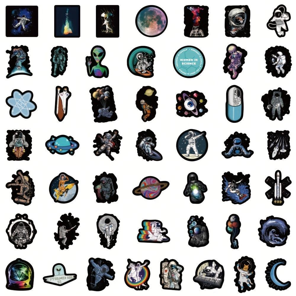 50pcs Astronaut Stickers Vinyl Aesthetic Space Theme Decals - Reusable Self-Adhesive Cartoon Astronaut Stickers with Planets, Rockets, Alien Life - Vibrant Mixed Colors for Scrapbooking, Laptop, Water Bottle, Skateboard, Car
