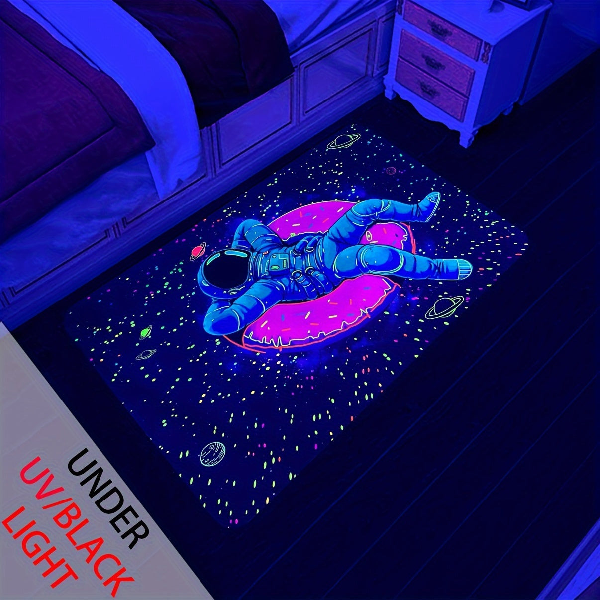 Astronaut Space Adventure Non-Slip Rug Pad, Polyester, UV Reactive Design, with Hand Wash Only, for Bathroom, Entryway, and Living Room