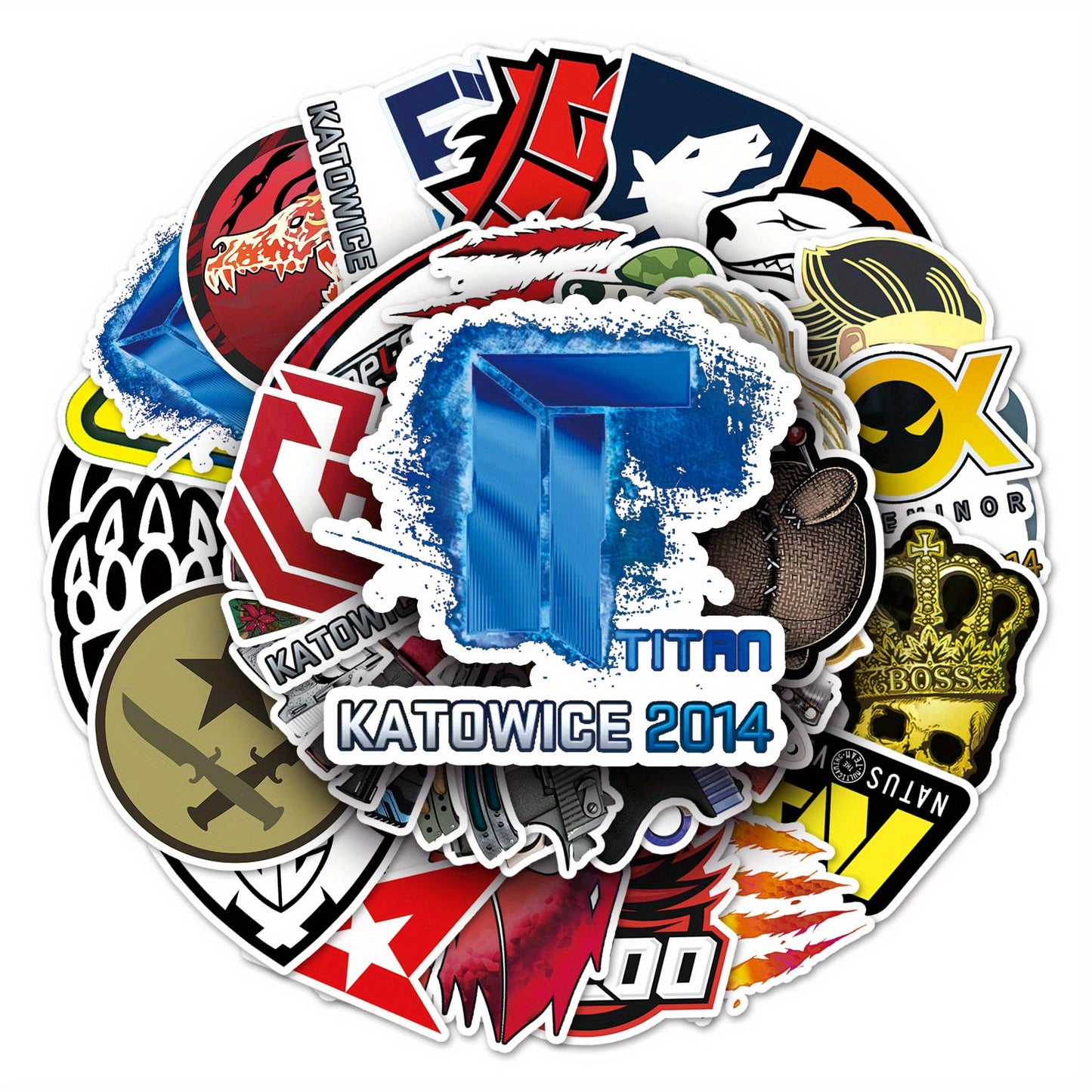 52pcs CS:GO Titan 2014 Sticker Pack - Rare Designs Including Titan, Crown, and Big Eye - Waterproof Decals for Laptops, Water Bottles, Phones, Skateboards, and Tablets - Realistic Graffiti Decor