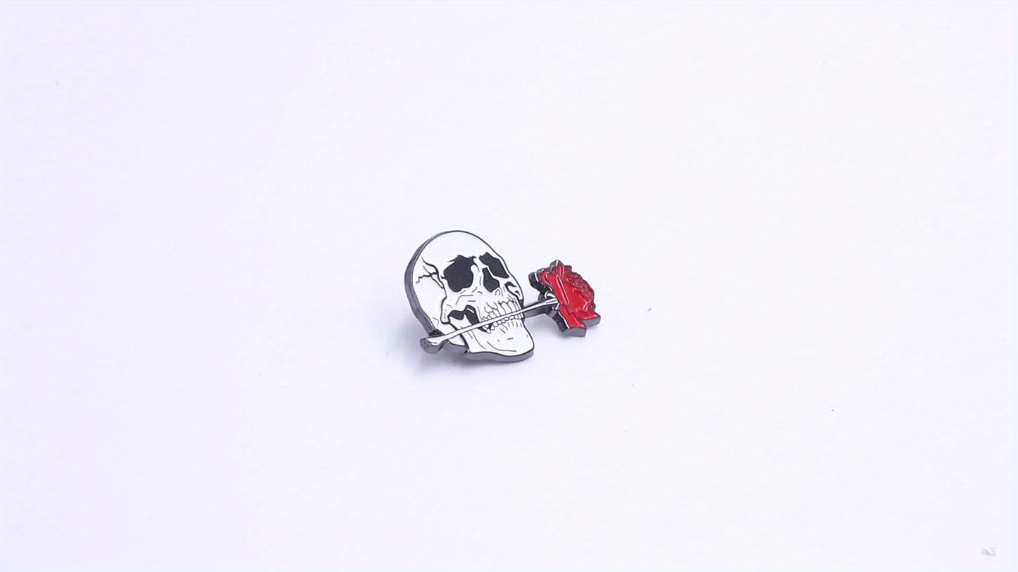 Skull with Rose Halloween Brooch - Zinc Alloy, Minimalist Style Fashion Accessory for Men, Creative, Party Gift