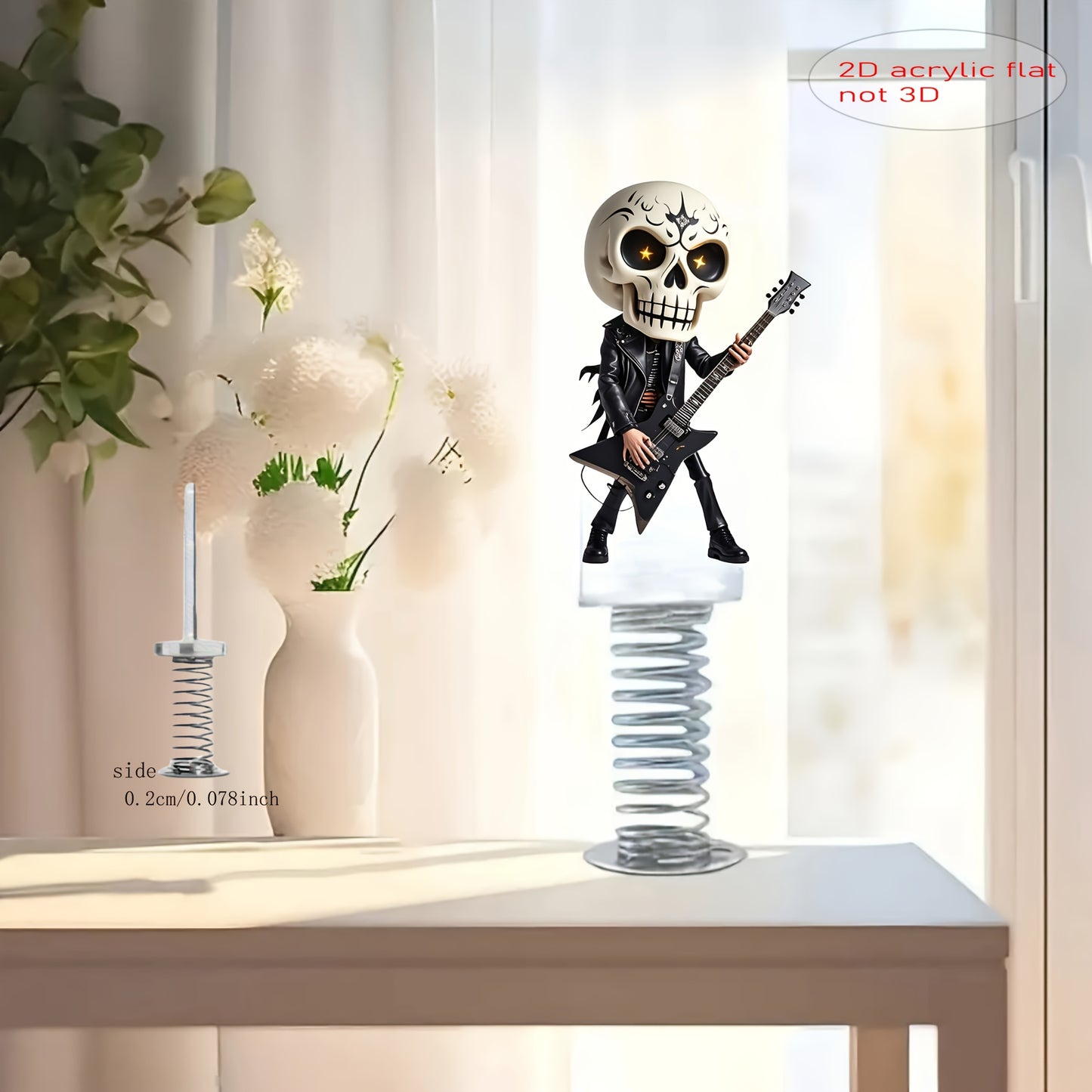 1pc 2D Flat Acrylic Spring-Shock-Activated Shaking Skull Ornament - Rockstar Guitar Design Car Dashboard & Desktop Decoration, No Batteries Needed, Compact Vibrant Decor, 2D Flat