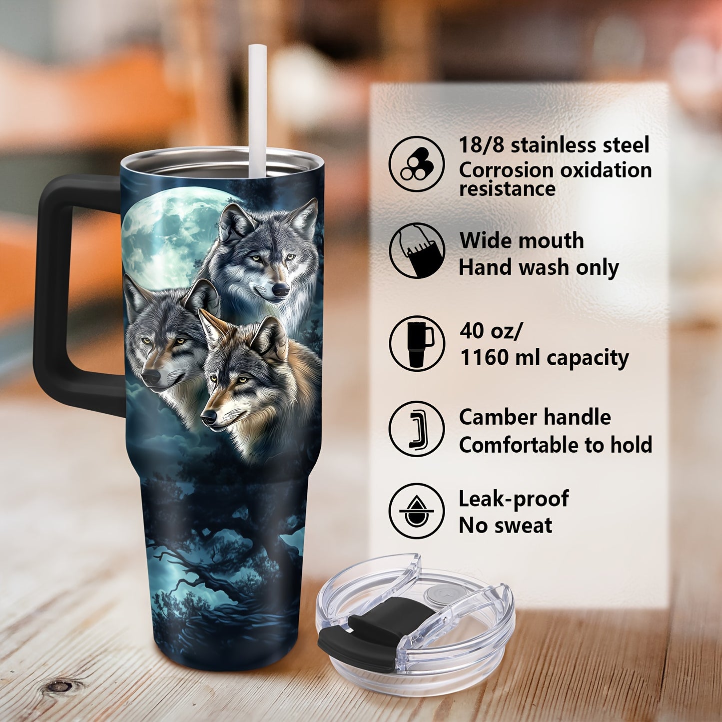 1pc 40oz Coffee Cup Wolf, Wolf Tumbler, Wolf Gifts for Men and Women, Wolf Coffee Cup Travel Mug, Wolf Lovers Gift, Wolves Gifts, Cool Wolf Stuff/Decor/Merch, Double Wall Insulated Tumbler, Car cup, outdoor travel cup, Christ