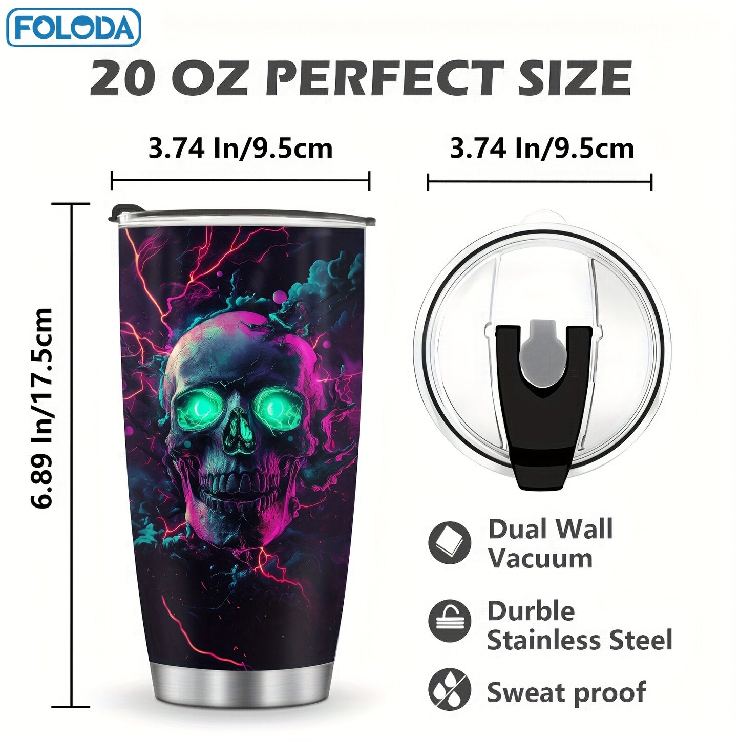 1pc FOLODA 20oz Stainless Steel Insulated Tumbler with Lid - Vibrant Neon Skull & Electric Blue Lightning Design, Reusable Travel Coffee Mug, Keeps Drinks Hot/Cold, Perfect Gift for Halloween, Christmas, Birthdays, Graduation
