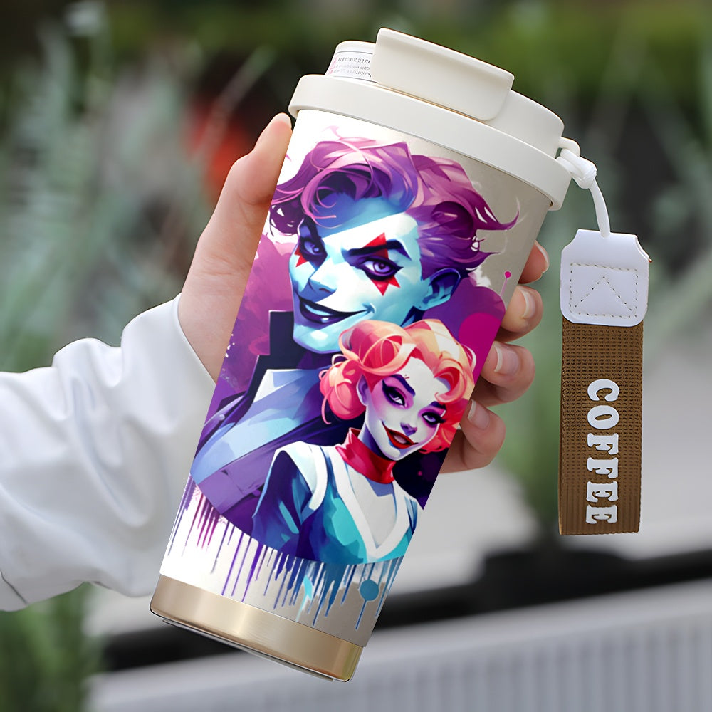 1pc WB Joker Stainless Steel Insulated Travel Mug 18oz - Vibrant Joker & Harley Quinn Artwork, Leak-Proof Lid, Reusable Coffee Cup for Office, Commute, Home - Hot & Cold Beverage Mug, Coffee Travel Mug, Artistic Drinkware, St