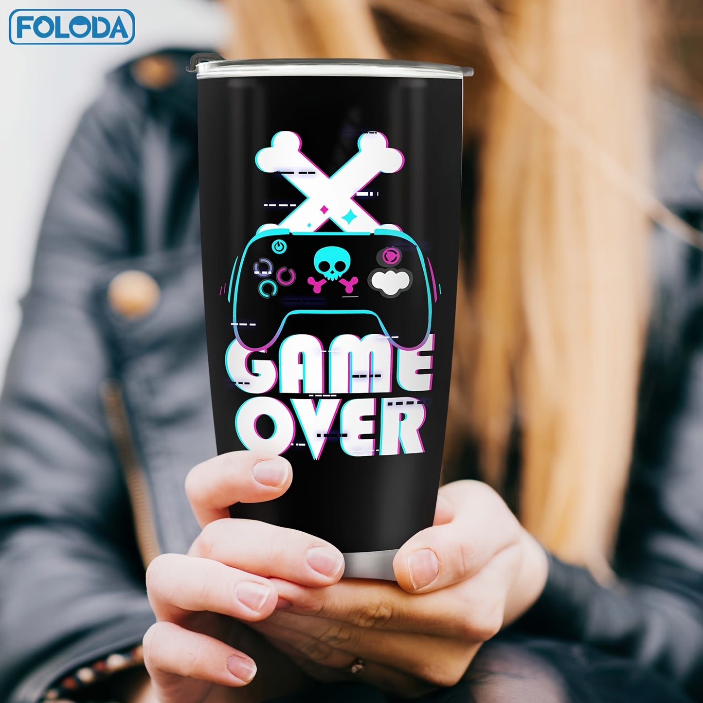 1pc FOLODA 20oz Gaming Tumbler with Lid - Stainless Steel Insulated Travel Mug, Vibrant Neon Gaming Design, Reusable Coffee Cup for Gamers, Birthday Christmas Graduation Gifts for Men Women