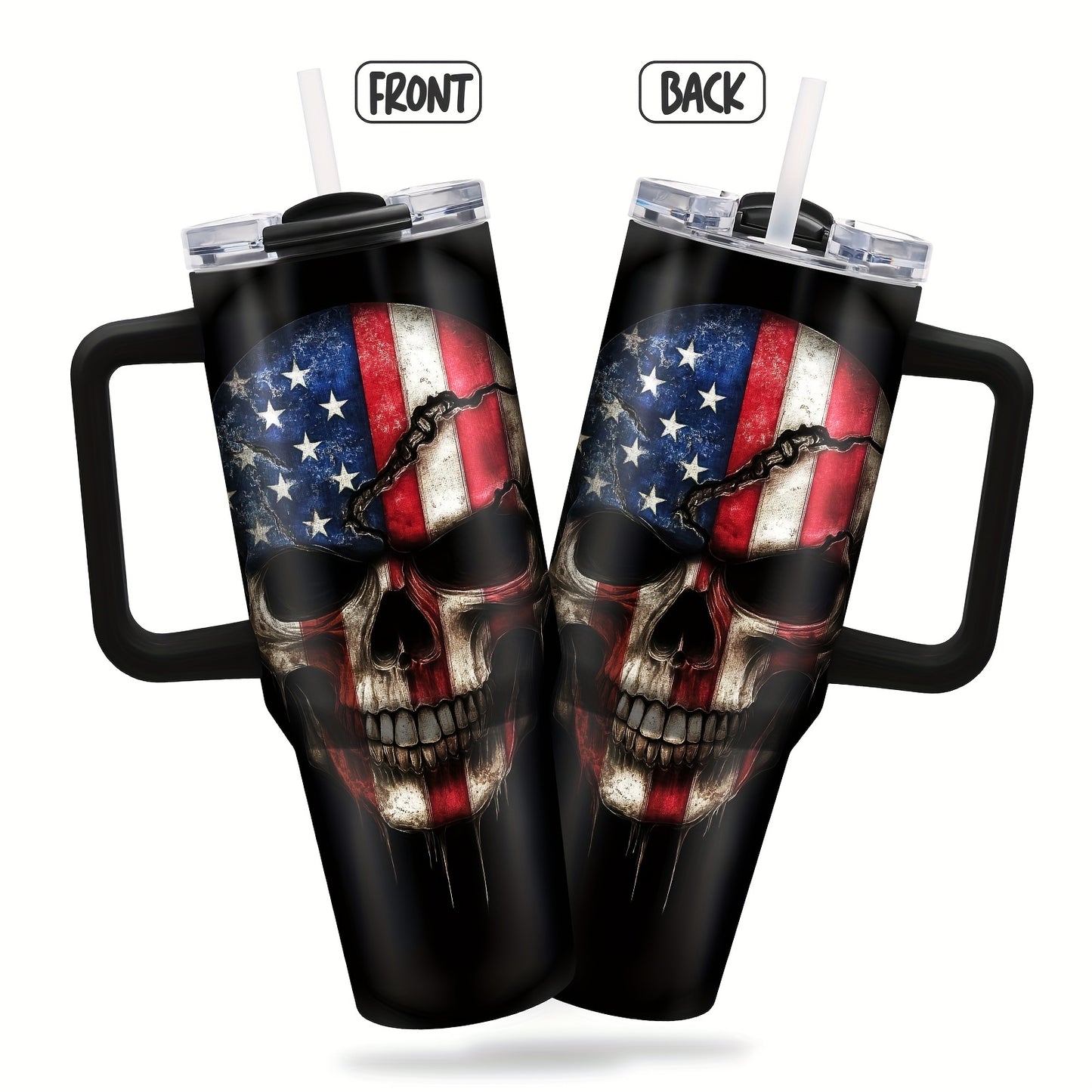 1pc Stainless Steel American Flag&Skull Head 40oz Insulated Coffee Mug with Lid, Hand Wash Only, with Straw, for Women, Men, Birthday, Christmas, Thanksgiving, Hanukkah, Halloween, Car Cup