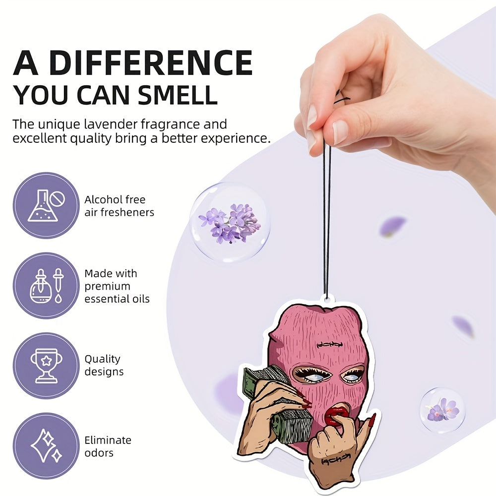 Pink Balaclava Mask Car Air Freshener Pendant with Money & Phone Design - Light Fragrance Paper Scent, All-Season Hanging Decor for All Vehicles, Unique Car Owner Gift, Car Decoration, Playful Design, Crafted Accessory, Vehic