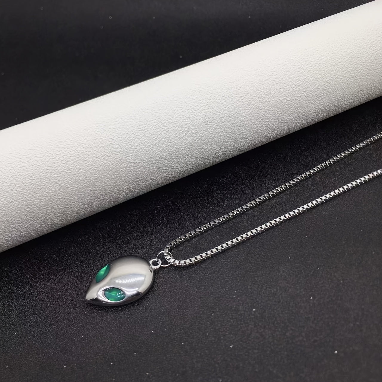 Unisex Funky Punk Style Titanium 316L Stainless Steel Alien Pendant Necklace with Green Eyes - Long Chain Edgy Jewelry for Men & Women, Durable Space-Themed Accessory for Casual & Formal Outfits, Formal Accessories, Punk Fash