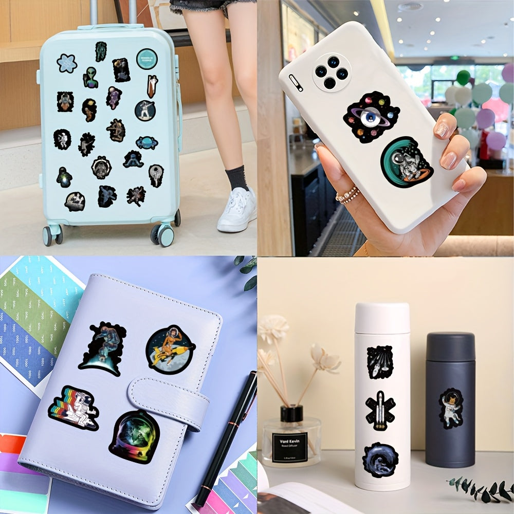 50pcs Astronaut Stickers Vinyl Aesthetic Space Theme Decals - Reusable Self-Adhesive Cartoon Astronaut Stickers with Planets, Rockets, Alien Life - Vibrant Mixed Colors for Scrapbooking, Laptop, Water Bottle, Skateboard, Car