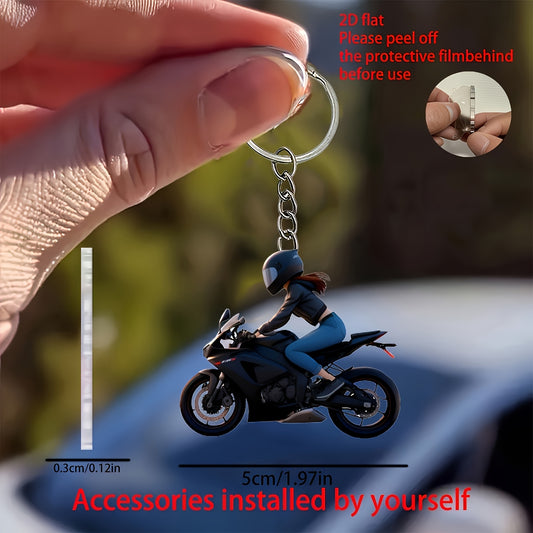 2D Flat, 2D Flat Motorcycle Rider Keychain & Car Mirror Ornament - Black Jacket & Helmet Design, 5.08cm Protective Filming Keyring for Keys/Bags, Durable Acrylic Motorcycle Accessories for Men, Father’s Day Gifts, Motorcycl