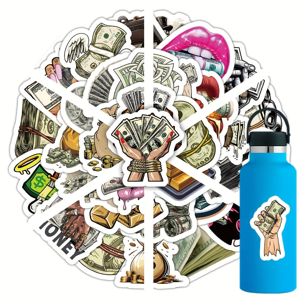 50 Sheets Nordic Style Currency Empire Stickers - Reusable PVC Decals with Vibrant Dollar Bill & Coin Designs, Glossy Finish for Laptops, Water Bottles, Skateboards, Helmets - Expressive Artistic Decor, Personalization Sticke