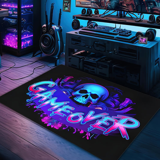 1pc Premium Flannel "Game Over" Skull Mat - 1.2cm Thick, Non-Slip & Machine Washable, Low Pile Plush Polyester, Rectangular Gaming Area Mat with Vibrant Neon Colors, Ideal for Bedroom & Game Room Decor, Perfect Gamer Gift, Ga