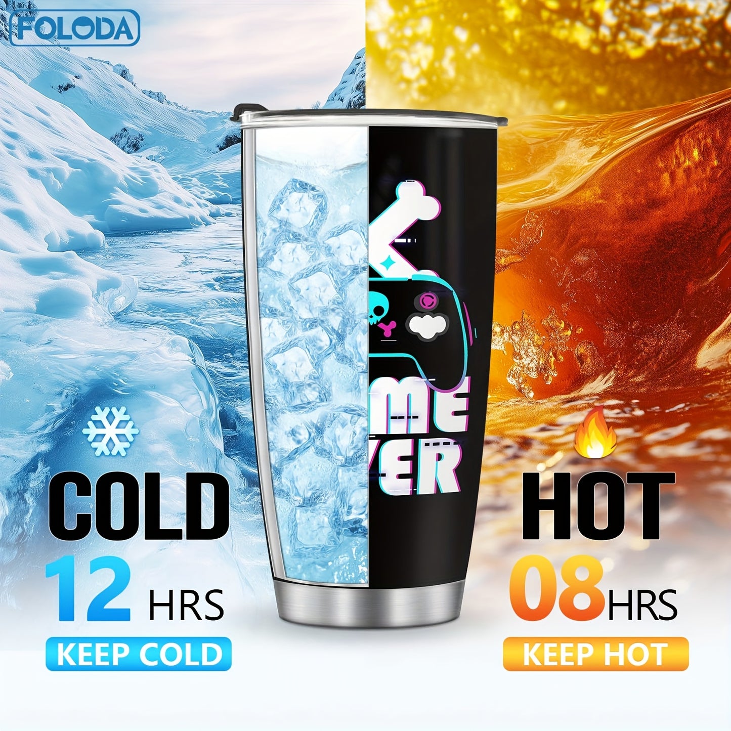 1pc FOLODA 20oz Gaming Tumbler with Lid - Stainless Steel Insulated Travel Mug, Vibrant Neon Gaming Design, Reusable Coffee Cup for Gamers, Birthday Christmas Graduation Gifts for Men Women