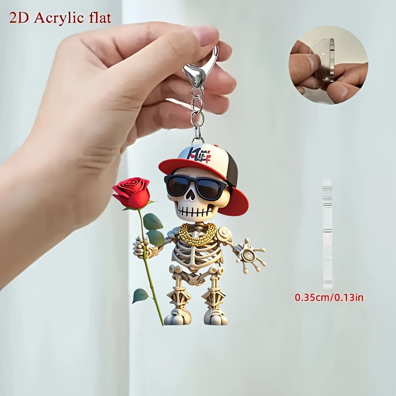 2D Flat, 1pc Cool Skull Acrylic Keychain with Red Rose & Fashion Glasses - Stylish 2D Flat Design, Perfect Gift for Backpacks, Car Keys, and Pet Lovers, Skull Charm for Keychain, Backpack Accessory, Trendy Accessory, Durable