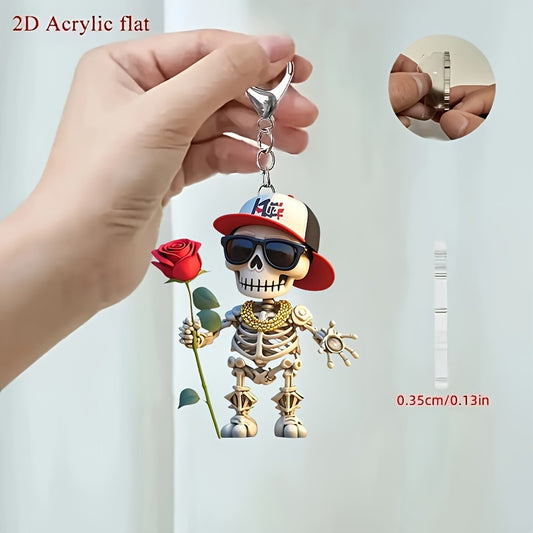 2D Flat, 1pc Cool Skull Acrylic Keychain with Red Rose & Fashion Glasses - Stylish 2D Flat Design, Perfect Gift for Backpacks, Car Keys, and Pet Lovers, Skull Charm for Keychain, Backpack Accessory, Trendy Accessory, Durable