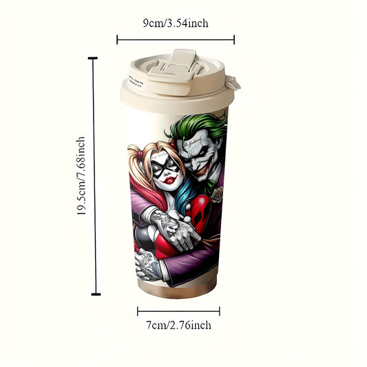 1pc WB Joker & Harley Quinn Stainless Steel Travel Mug 18oz - Large Capacity Insulated Tumbler for Hot & Cold Drinks, Reusable Coffee Cup with Vibrant Comic Art, Hand Wash Only, Perfect Gift for Fans, Insulated Coffee Tumbler