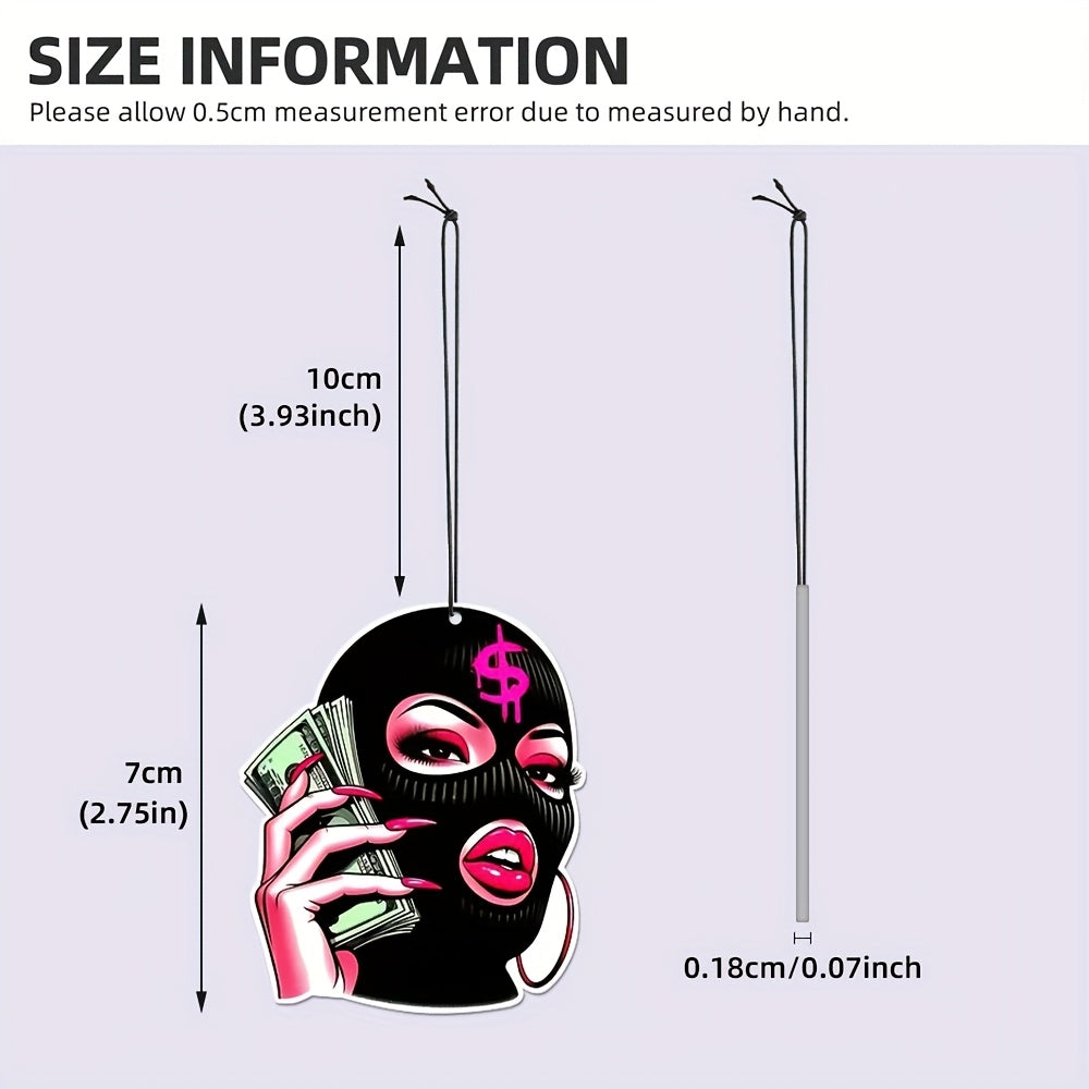 Rich Woman Black Faced Girl Car Hanging Pendant - Bold Masked Design with Pink Lips & Dollar Bills, Light Fragrance Paper Scent, All-Season Car Interior Deodorizer, Fit for All Vehicles, Perfect Car Owner Gift, Female Car Acc