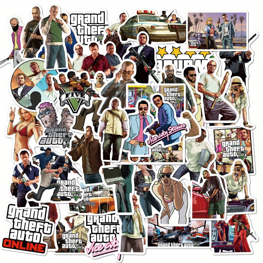50pcs Grand Theft Auto Online Vinyl Stickers - Reusable, Vibrant Action Game Characters Decals for Water Bottles, Phone Cases, Refrigerators, Suitcases, and Computers