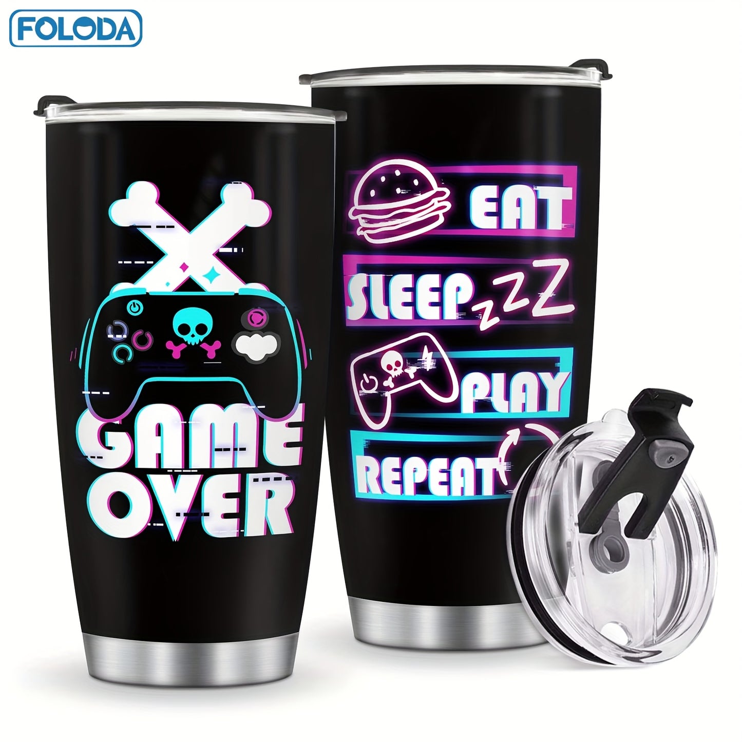 1pc FOLODA 20oz Gaming Tumbler with Lid - Stainless Steel Insulated Travel Mug, Vibrant Neon Gaming Design, Reusable Coffee Cup for Gamers, Birthday Christmas Graduation Gifts for Men Women