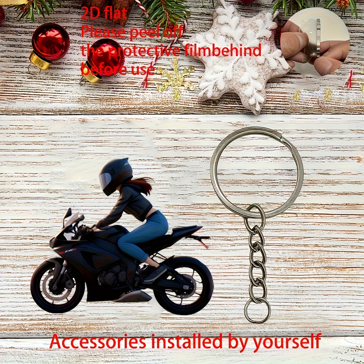 2D Flat, 2D Flat Motorcycle Rider Keychain & Car Mirror Ornament - Black Jacket & Helmet Design, 5.08cm Protective Filming Keyring for Keys/Bags, Durable Acrylic Motorcycle Accessories for Men, Father’s Day Gifts, Motorcycl