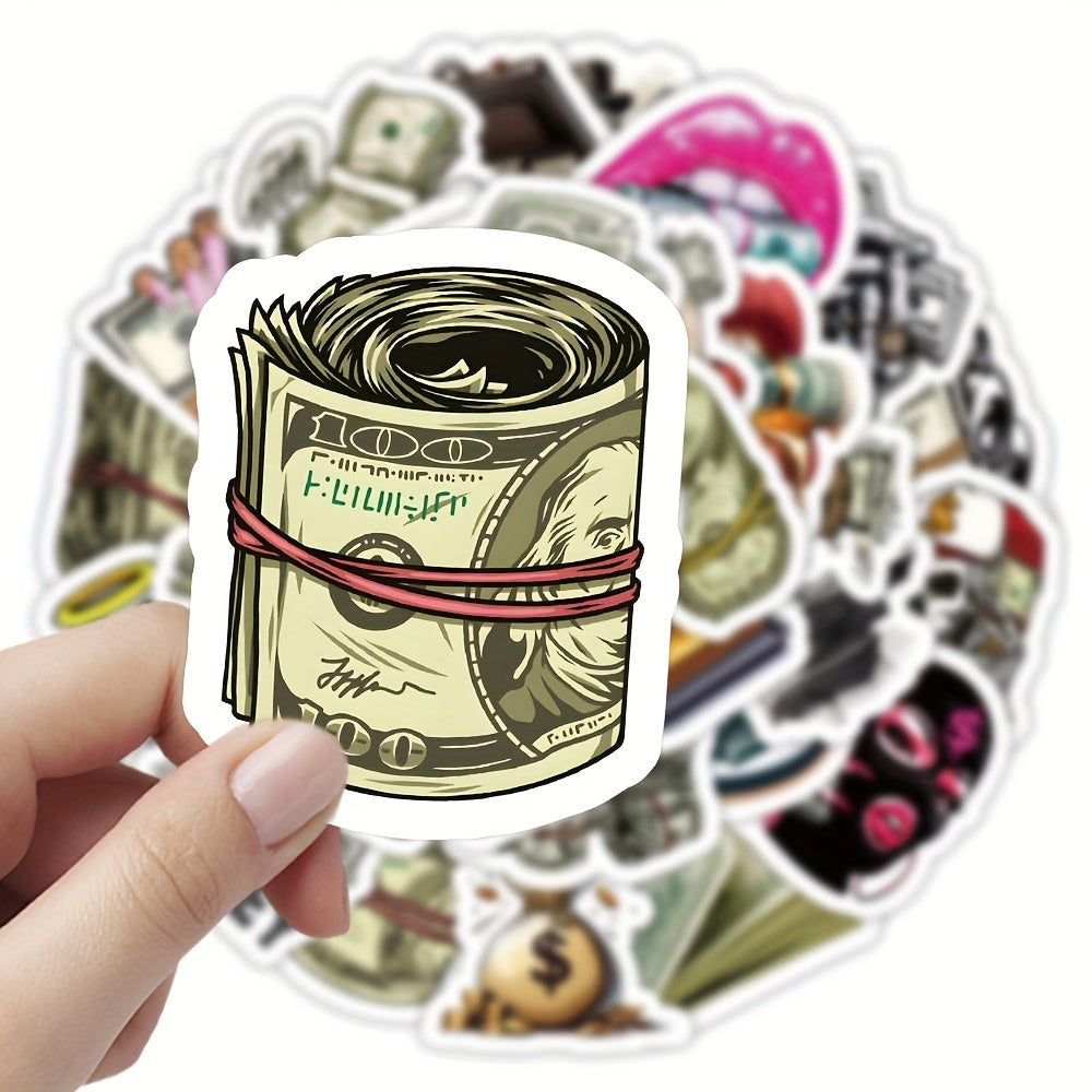 50 Sheets Nordic Style Currency Empire Stickers - Reusable PVC Decals with Vibrant Dollar Bill & Coin Designs, Glossy Finish for Laptops, Water Bottles, Skateboards, Helmets - Expressive Artistic Decor, Personalization Sticke