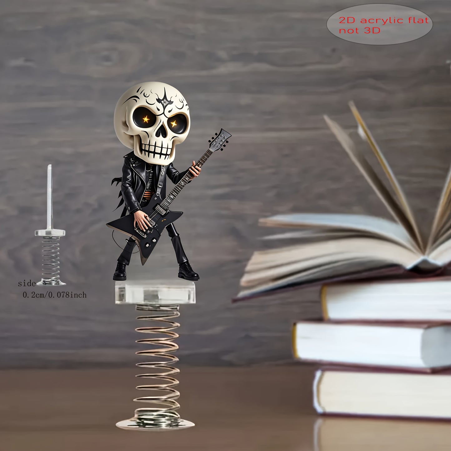 1pc 2D Flat Acrylic Spring-Shock-Activated Shaking Skull Ornament - Rockstar Guitar Design Car Dashboard & Desktop Decoration, No Batteries Needed, Compact Vibrant Decor, 2D Flat