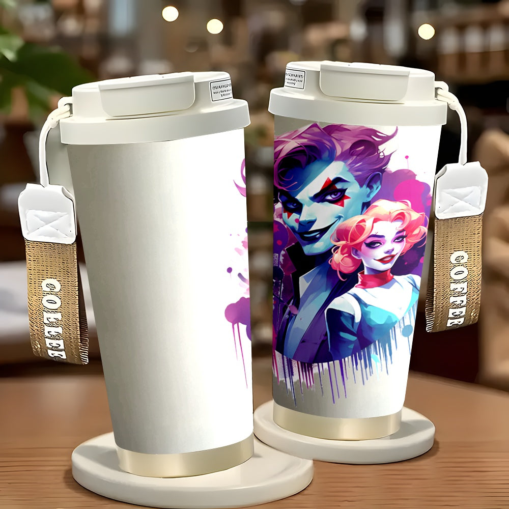 1pc WB Joker Stainless Steel Insulated Travel Mug 18oz - Vibrant Joker & Harley Quinn Artwork, Leak-Proof Lid, Reusable Coffee Cup for Office, Commute, Home - Hot & Cold Beverage Mug, Coffee Travel Mug, Artistic Drinkware, St