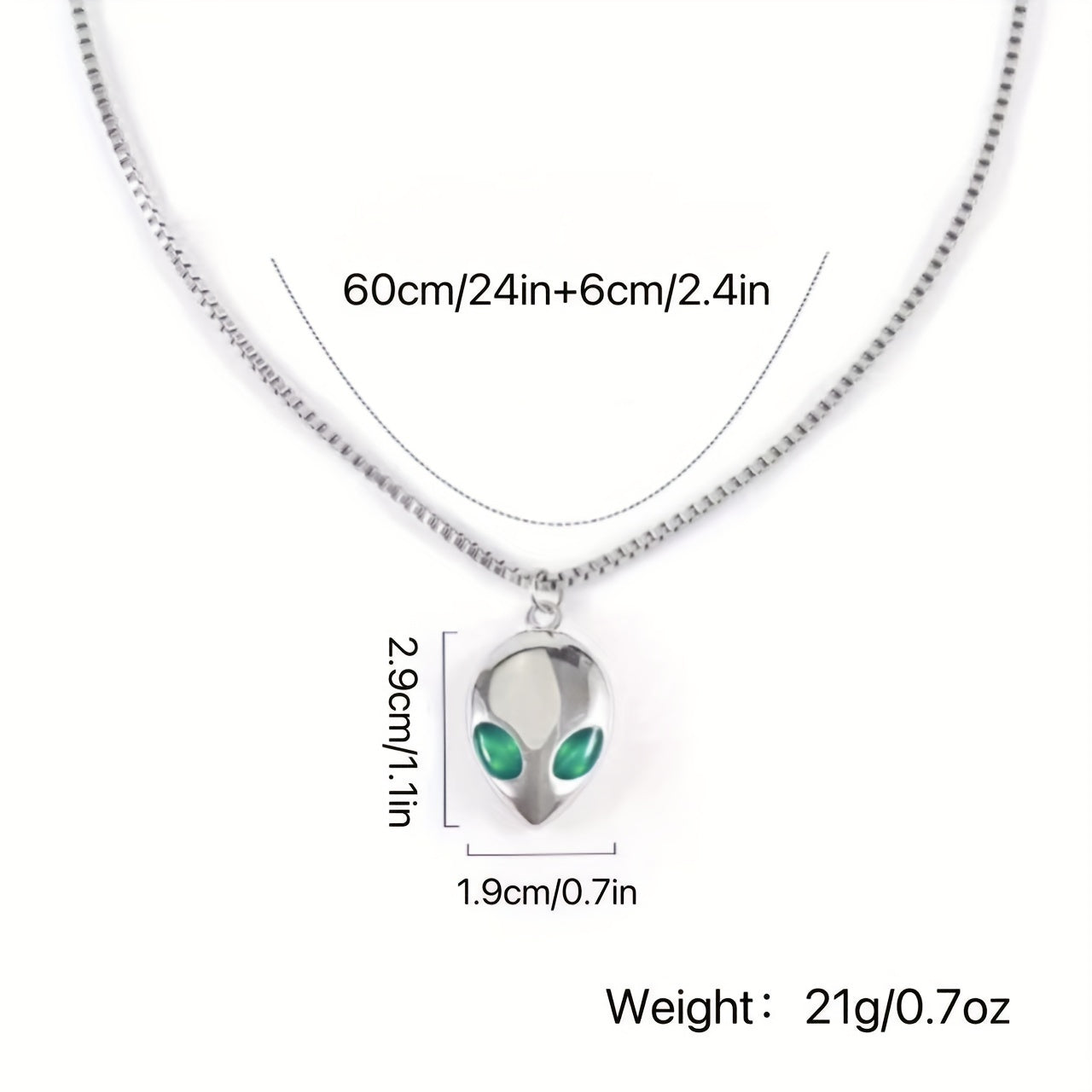 Unisex Funky Punk Style Titanium 316L Stainless Steel Alien Pendant Necklace with Green Eyes - Long Chain Edgy Jewelry for Men & Women, Durable Space-Themed Accessory for Casual & Formal Outfits, Formal Accessories, Punk Fash