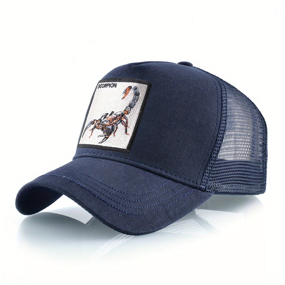 1pc Scorpion Embroidered Trucker Hat - Breathable Mesh Baseball Cap with Adjustable Strap, Gray Casual Sunshade for Men, Breathable Cap | Casual Style Hat | Mesh Back Hat