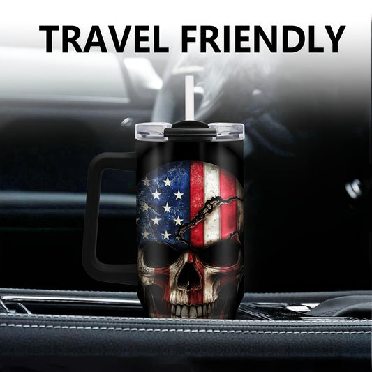 1pc Stainless Steel American Flag&Skull Head 40oz Insulated Coffee Mug with Lid, Hand Wash Only, with Straw, for Women, Men, Birthday, Christmas, Thanksgiving, Hanukkah, Halloween, Car Cup