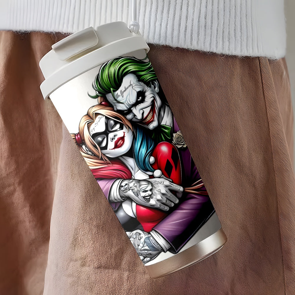 1pc WB Joker & Harley Quinn Stainless Steel Travel Mug 18oz - Large Capacity Insulated Tumbler for Hot & Cold Drinks, Reusable Coffee Cup with Vibrant Comic Art, Hand Wash Only, Perfect Gift for Fans, Insulated Coffee Tumbler