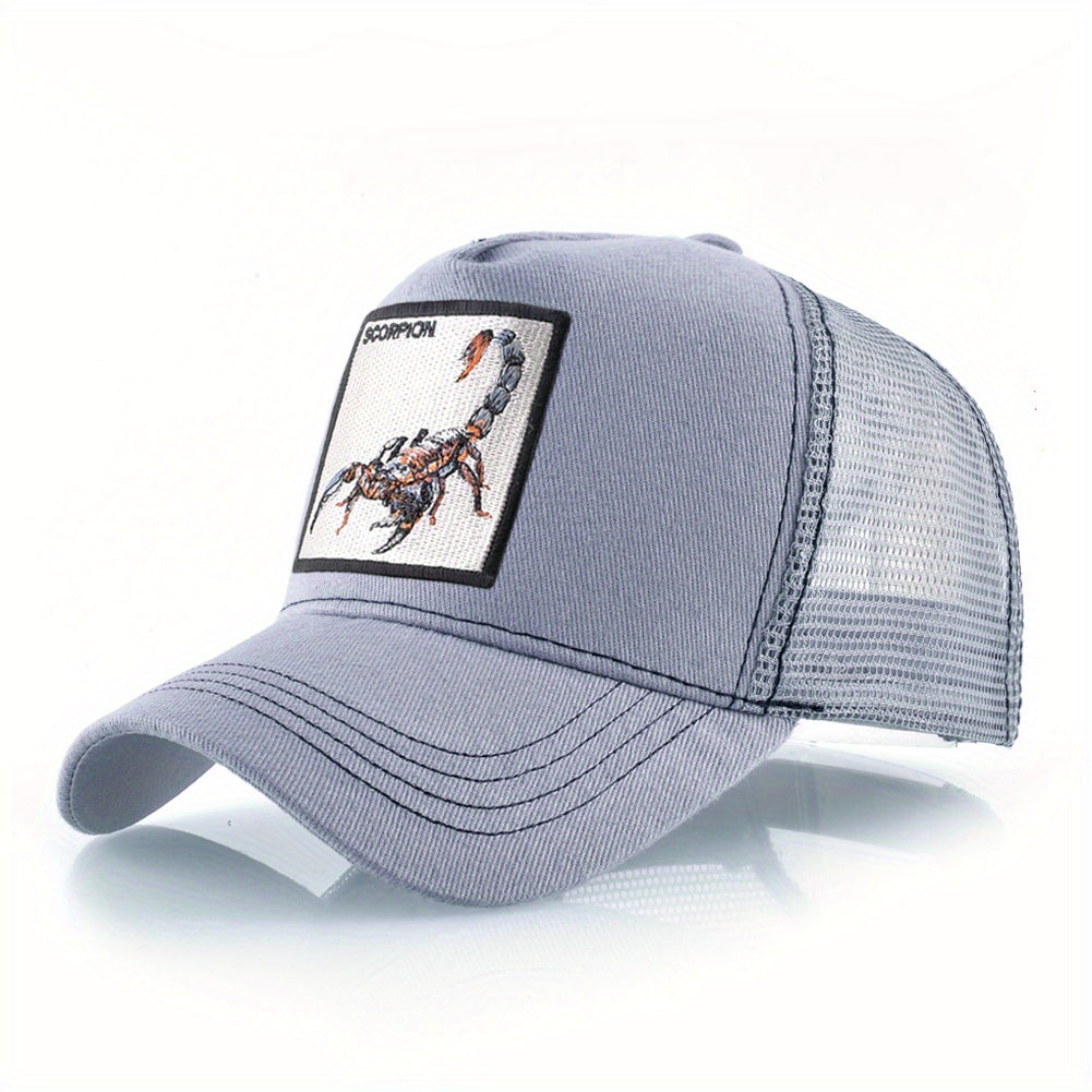1pc Scorpion Embroidered Trucker Hat - Breathable Mesh Baseball Cap with Adjustable Strap, Gray Casual Sunshade for Men, Breathable Cap | Casual Style Hat | Mesh Back Hat