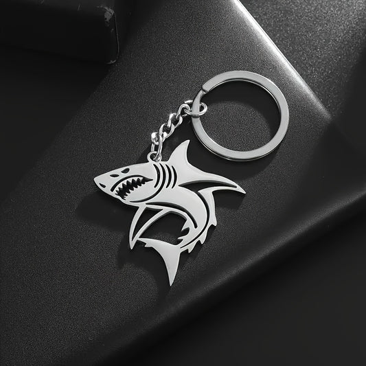 Sleek Stainless Steel Great White Shark Keychain - Minimalist Design with Durable Metal Ring and Chain, Perfect for Men, Shark Decor