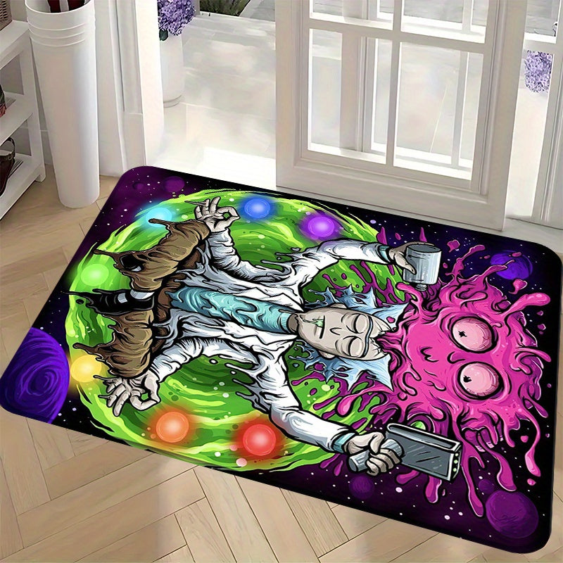 1pc Warner Bros Series Rick and Morty Theme Printed Floor Mat, Flannel Rectangular Washable Flannel Mat, Suitable for Bedroom, Living Room, Game Room - Bright Cartoon Design, Very suitable for Anime Enthusiasts, Warner Bros H