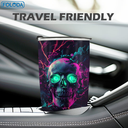 1pc FOLODA 20oz Stainless Steel Insulated Tumbler with Lid - Vibrant Neon Skull & Electric Blue Lightning Design, Reusable Travel Coffee Mug, Keeps Drinks Hot/Cold, Perfect Gift for Halloween, Christmas, Birthdays, Graduation