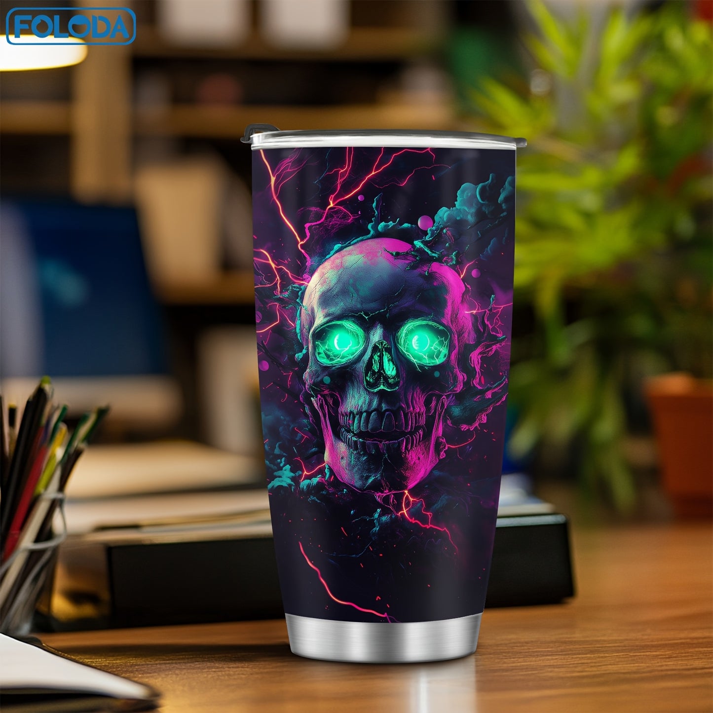 1pc FOLODA 20oz Stainless Steel Insulated Tumbler with Lid - Vibrant Neon Skull & Electric Blue Lightning Design, Reusable Travel Coffee Mug, Keeps Drinks Hot/Cold, Perfect Gift for Halloween, Christmas, Birthdays, Graduation