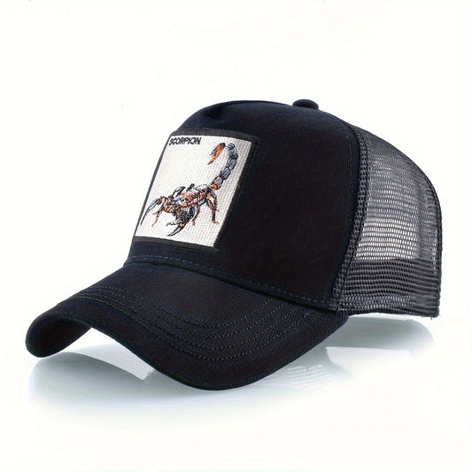 1pc Scorpion Embroidered Trucker Hat - Breathable Mesh Baseball Cap with Adjustable Strap, Gray Casual Sunshade for Men, Breathable Cap | Casual Style Hat | Mesh Back Hat