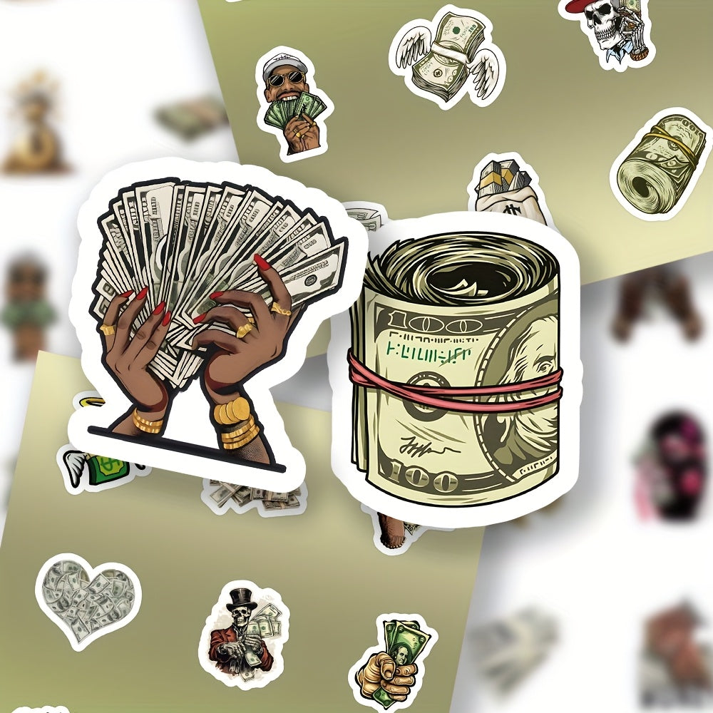 50 Sheets Nordic Style Currency Empire Stickers - Reusable PVC Decals with Vibrant Dollar Bill & Coin Designs, Glossy Finish for Laptops, Water Bottles, Skateboards, Helmets - Expressive Artistic Decor, Personalization Sticke